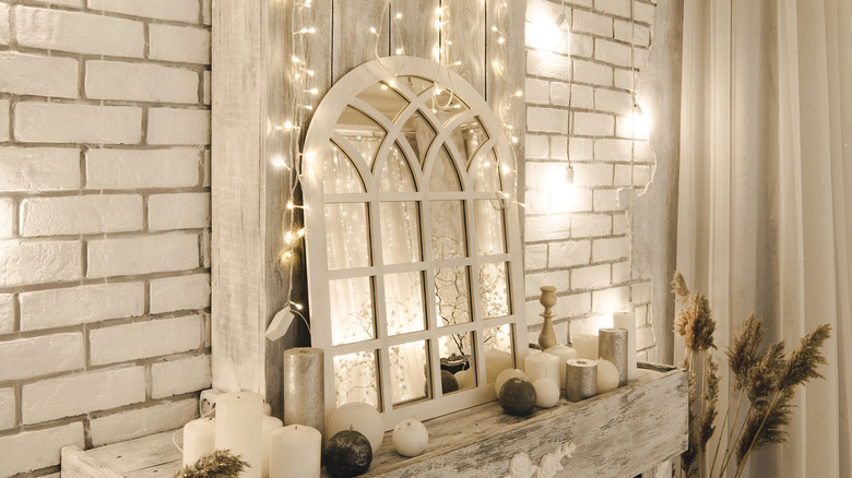 mantle decorated with lights