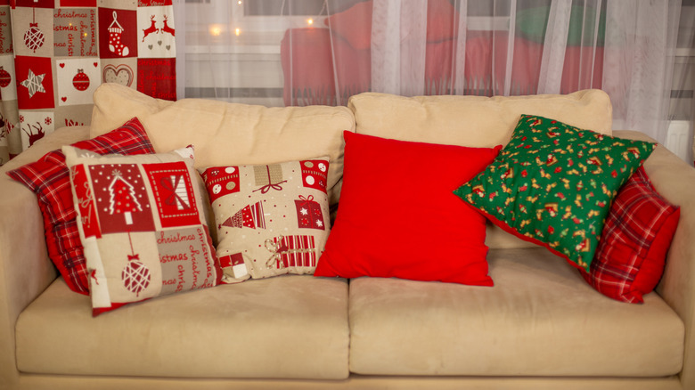 Couch with holiday pillows