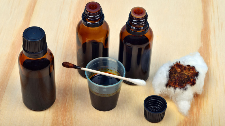 iodine bottles on light wood