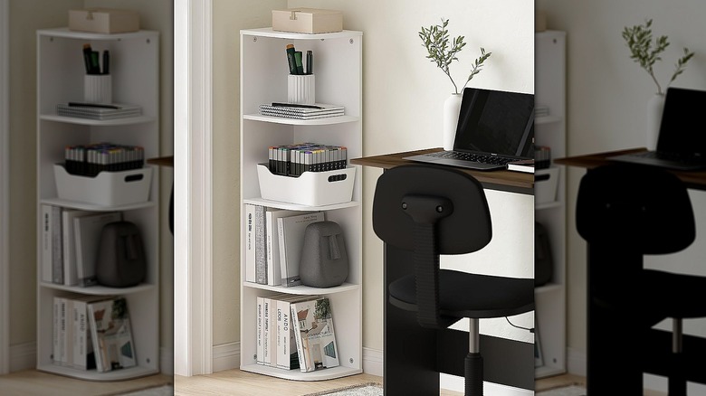 White corner bookcase in an office