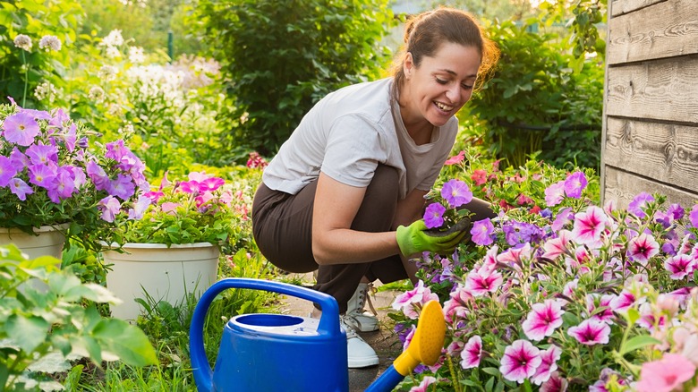 Woman tending to a flower garden