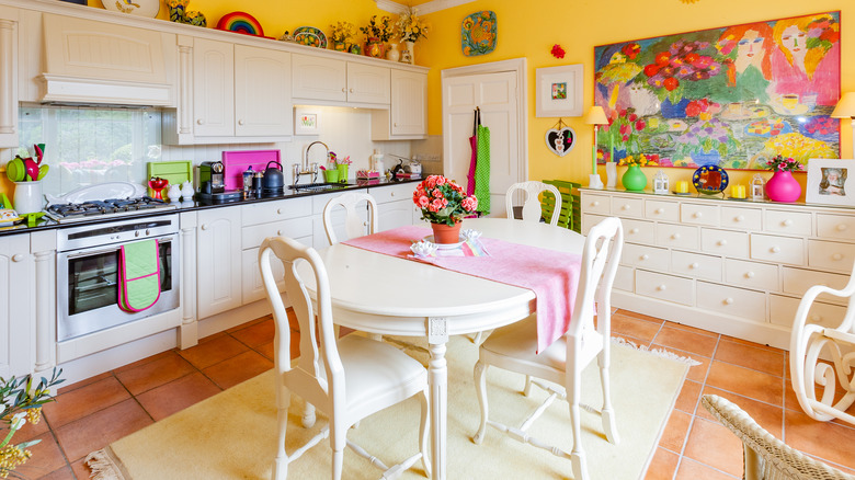 bright kitchen with colorful art