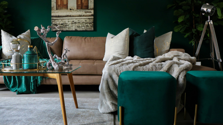 A luxurious home interior with emerald and neutral colors used