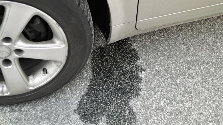 Closeup of car leaking oil stain