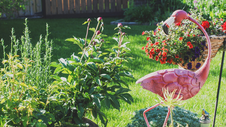 flamingo statue in garden