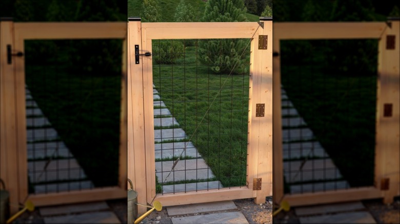 Deer fence gate lined with wood blocking off a grassy area with small trees