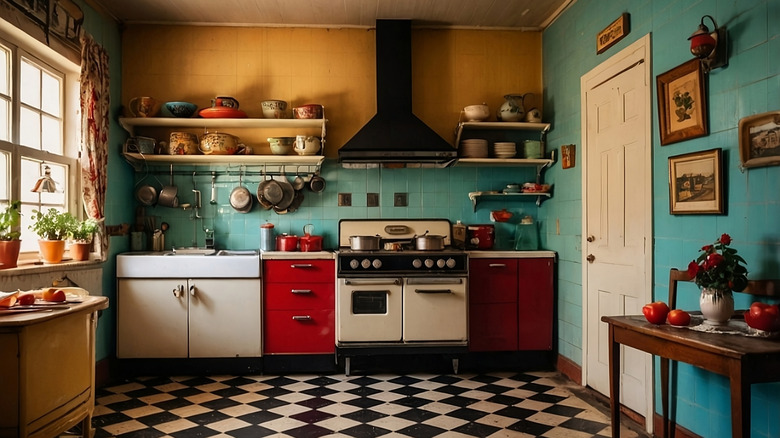 A kitchen with turquoise walls and red cabinets