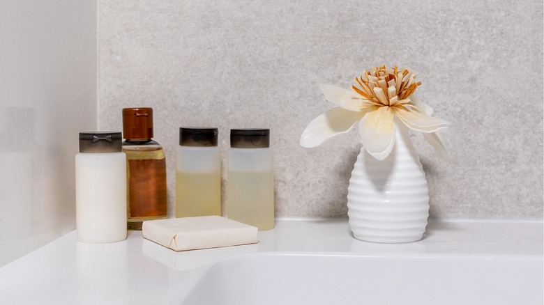 Sample toiletry bottles on a sink counter