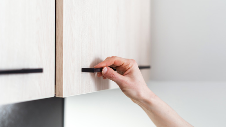 person closing modern cabinet door