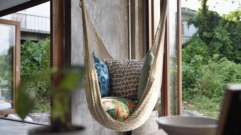 Hanging hammock chair in living room