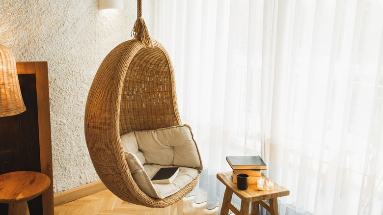 Hanging egg chair in living room