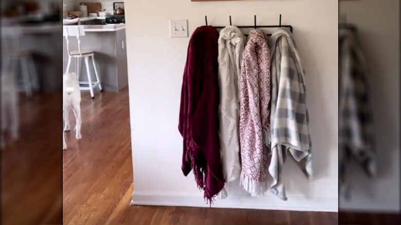 Living room with a blanket rack on the wall