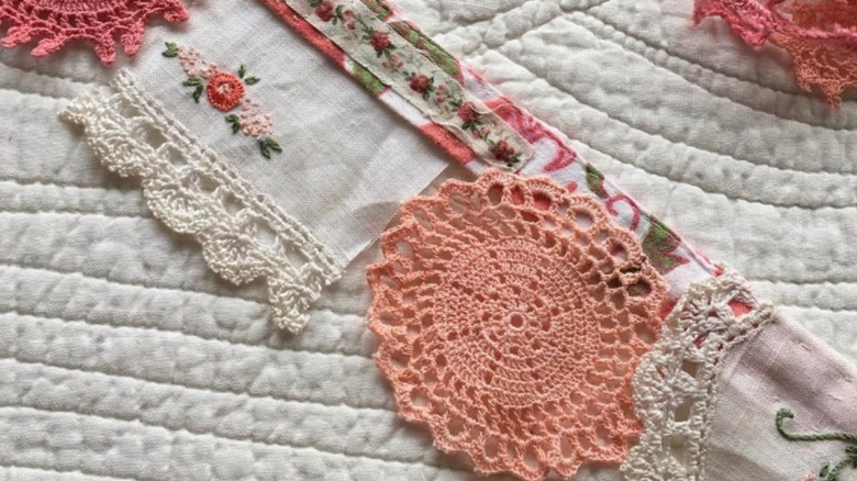 Pink and peach bunting made from doilies and napkins