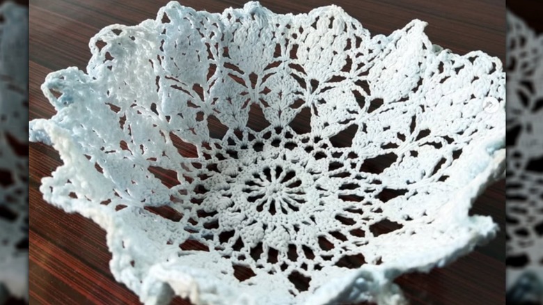 Bowl made from stiffened white doily