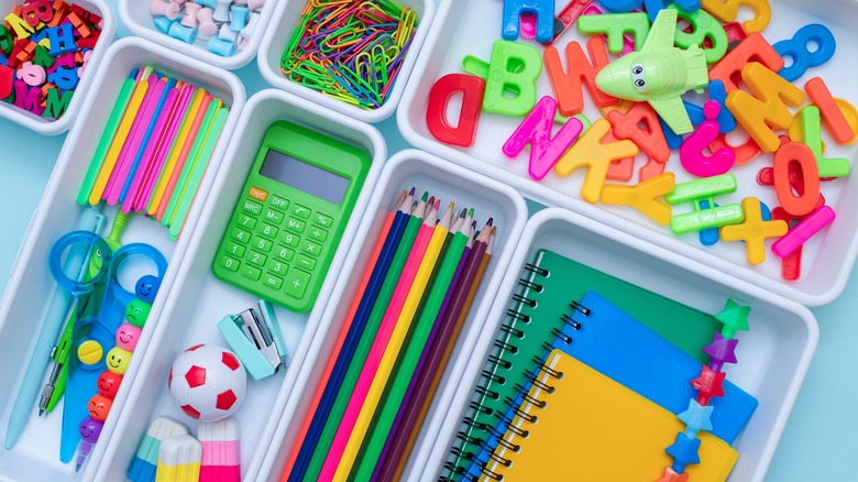 organized school supplies drawer