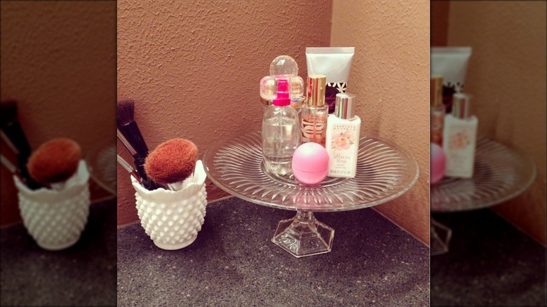 elevated tray with cosmetics