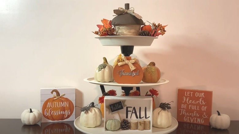 tiered stand with fall decor