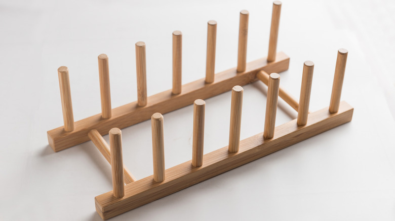 An art drying rack made of wooden dowels