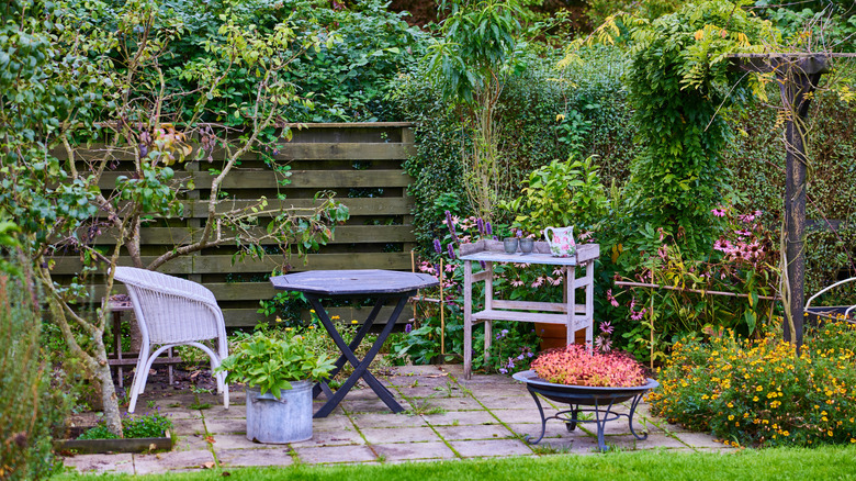 Thrift shop furniture in a garden.