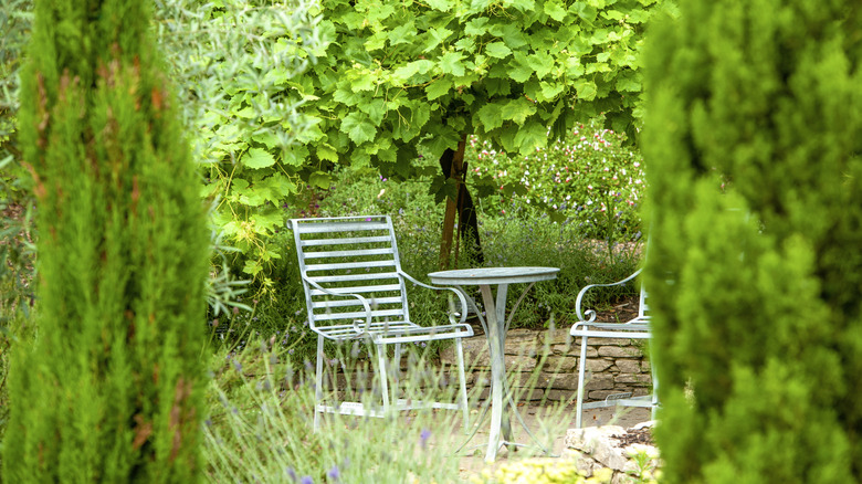 Metal chairs and a table in a garden hideaway.