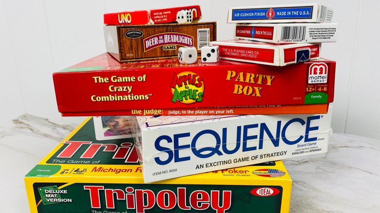 A stack of board games