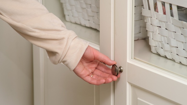 A person opening up a closet with a plain metal handle.