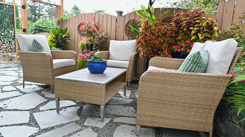 Minimalist outdoor furniture in garden