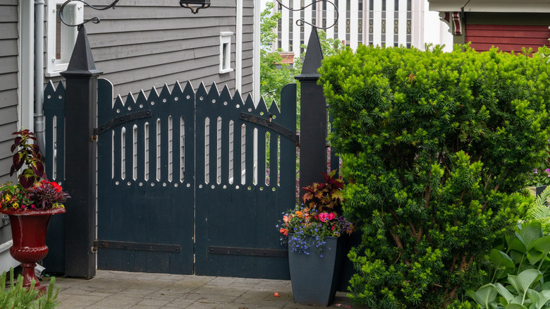 Wrought iron entry gate to a backyard