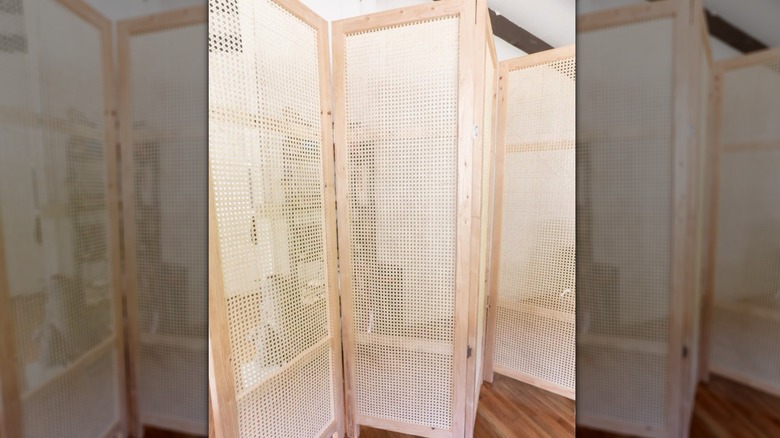 Cane covered room divider with wood frame