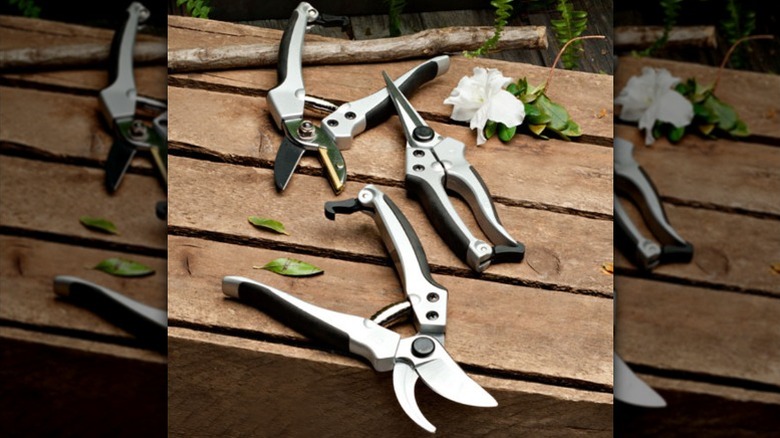 A set of three cast aluminum pruners by Garrett Wade lying on a wooden deck.