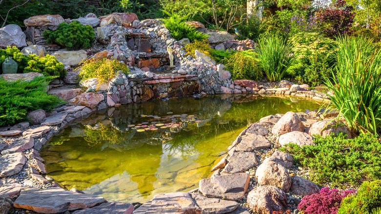 rock waterfall and fish pond