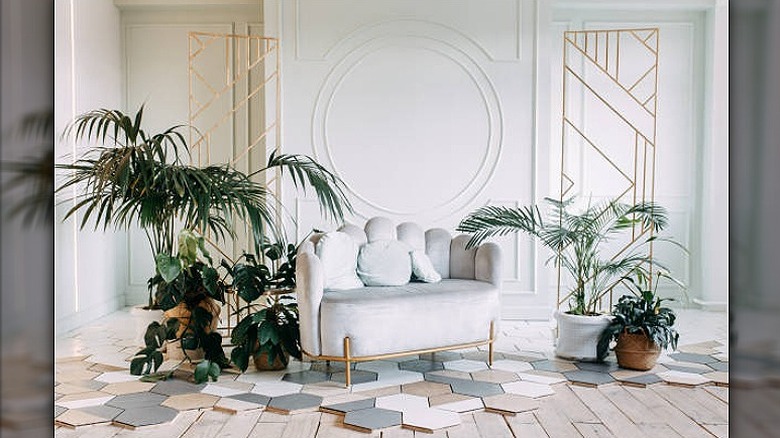 White couch with geometric designs