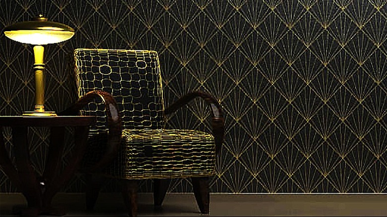 Black-and-gold chair and lamp