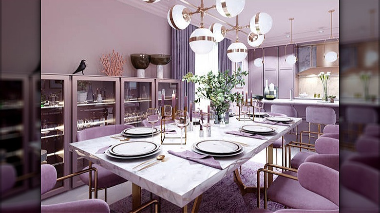 Purple dining room and kitchen