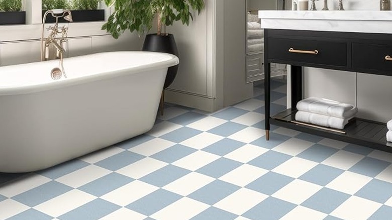 Blue and white checkered vintage tile in bathroom