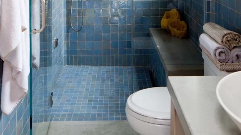 Light blue zellige tiles give vintage look to bathroom