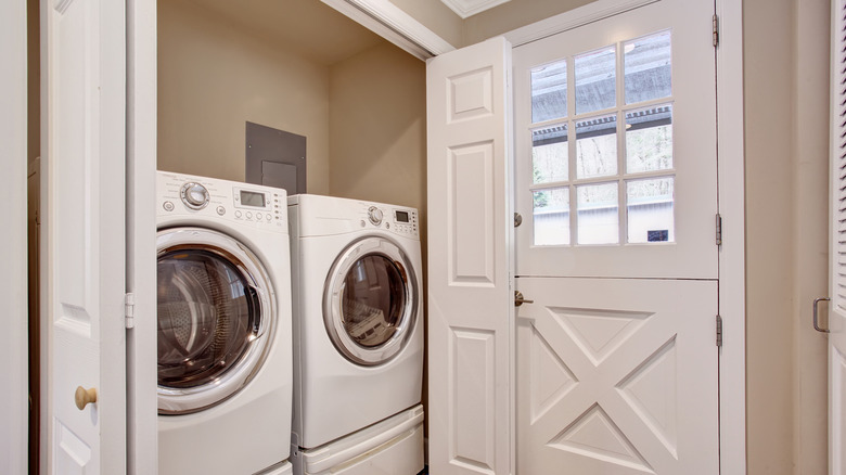 Brown farmhouse style laundry room