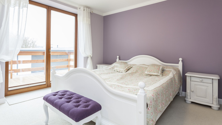 bedroom with ashy purple walls