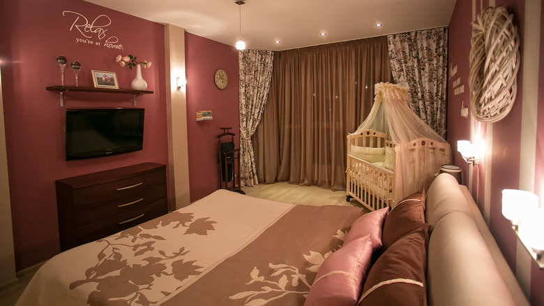 bedroom with rosy purple walls