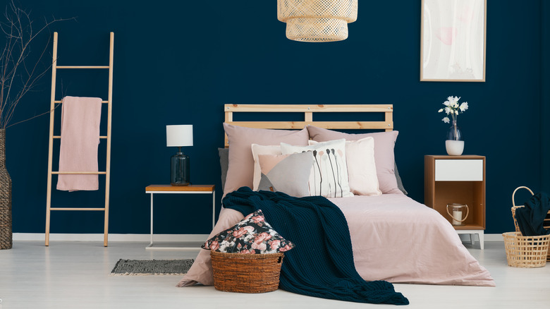 light wood ladder in bedroom