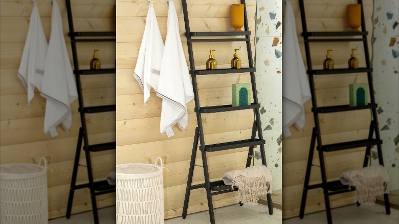 black blanket ladder with shelves