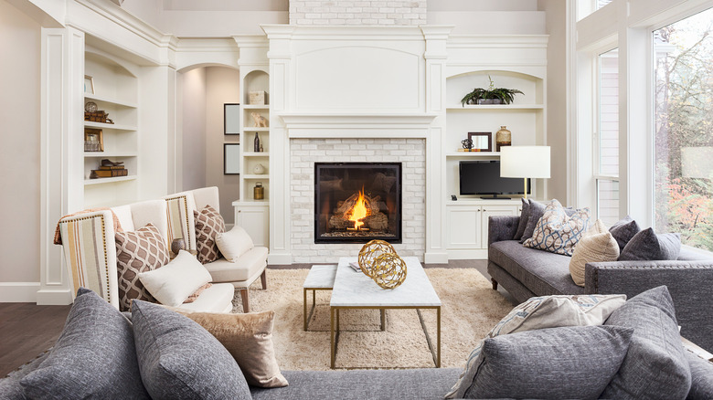 living room with a fireplace