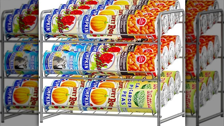 food cans on metal rack