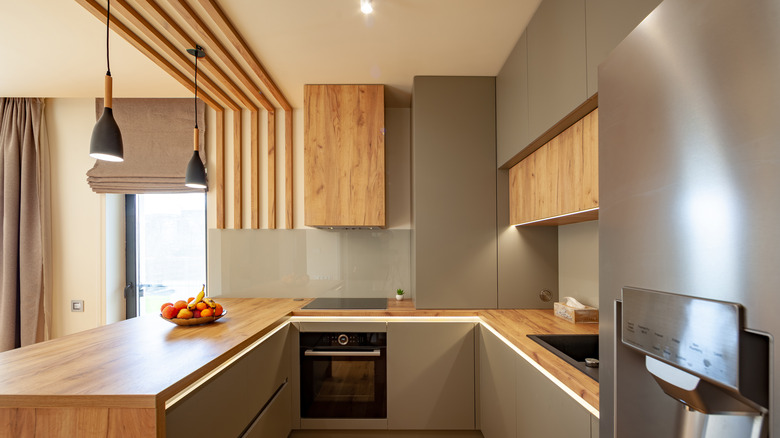 wood countertops and brown cabinets