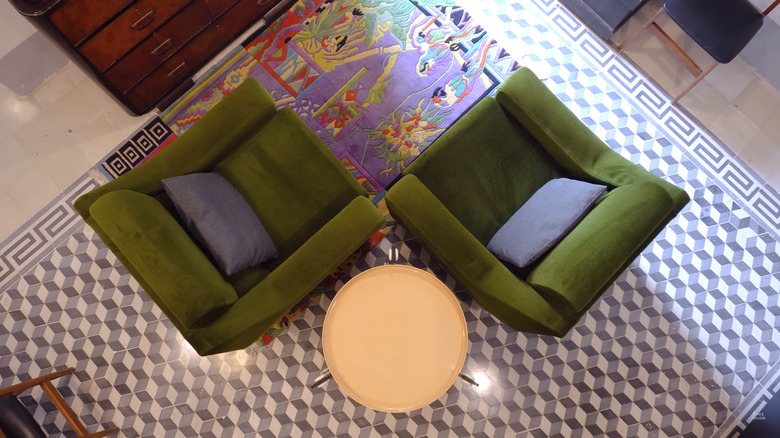 Aerial view of two green chairs