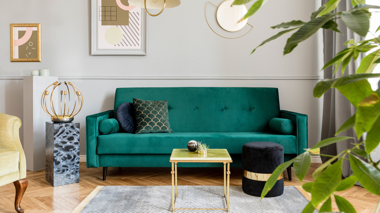 chartreuse table and green couch