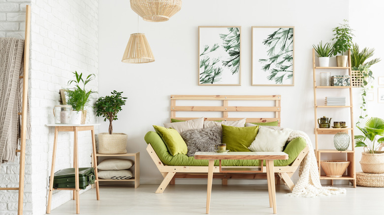 chartreuse couch with wood accents