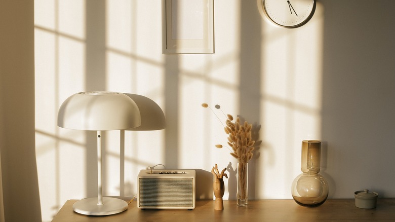 Desk with white lamp and plants