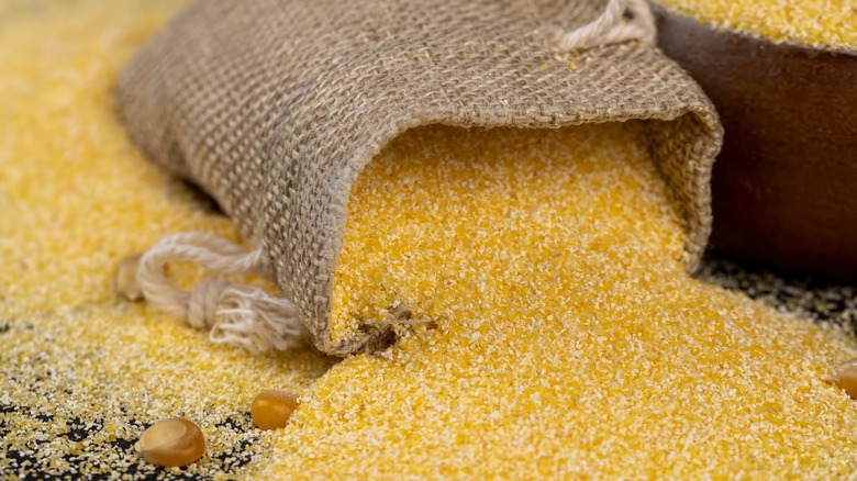 cornmeal spilling out of burlap bag