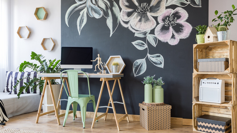 chalkboard wall behind a desk